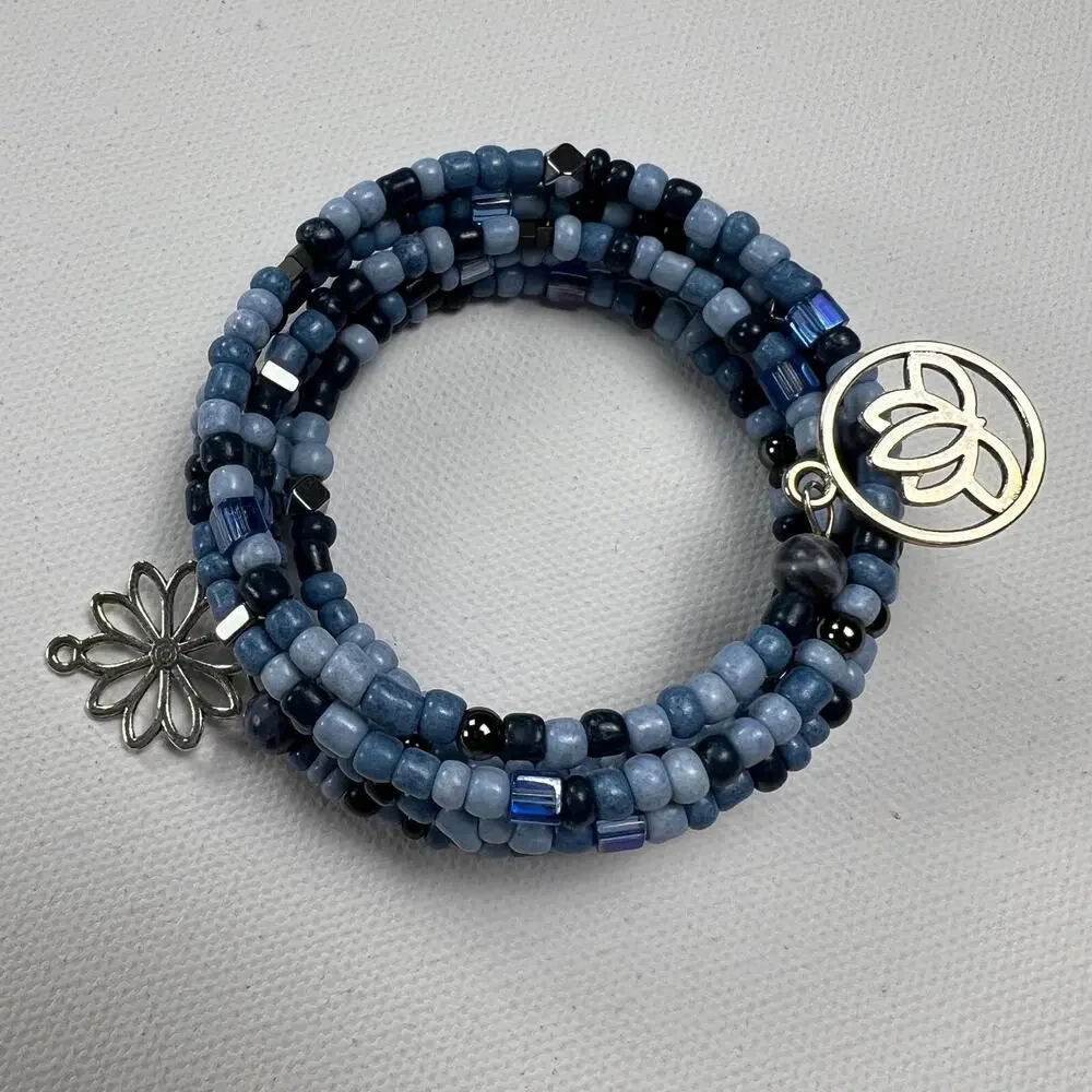 Hand Beaded Coil Bracelet Blue Tones Seed Beads Silver tone Charms